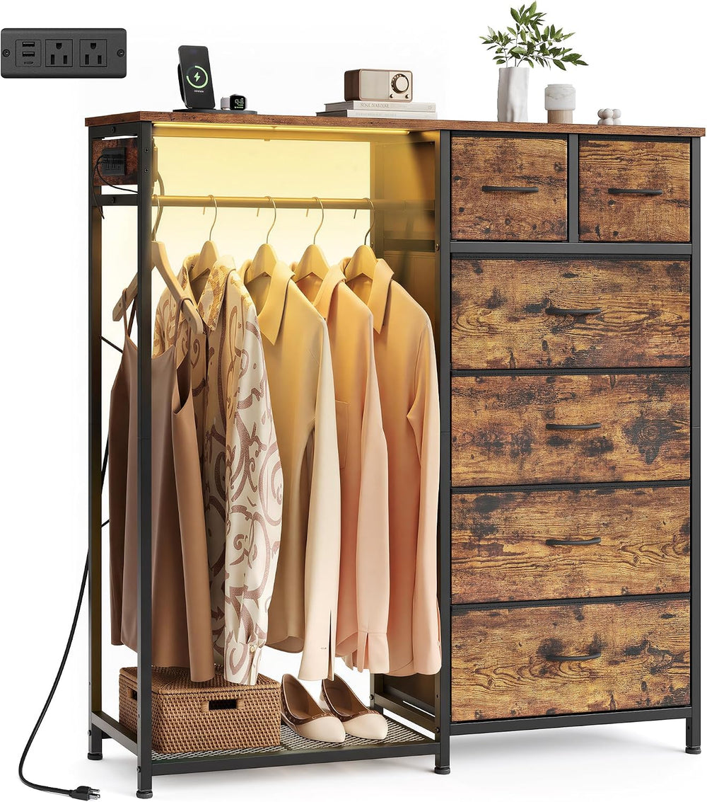 SONGMICS Dresser with Hanging Rod, Closet Organizer with 6 Fabric Drawers