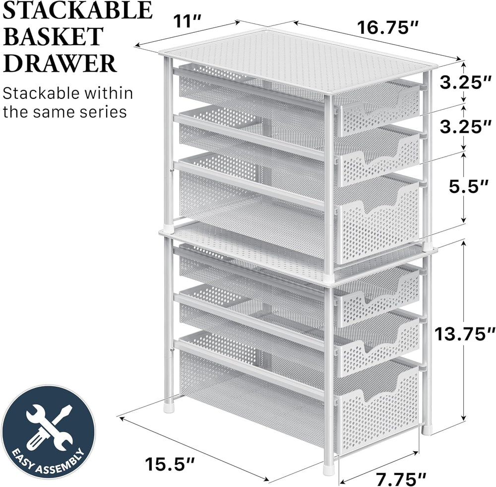 Simple Houseware 3 Tier White Alloy Steel Sliding Basket Organizer Drawer Cab...