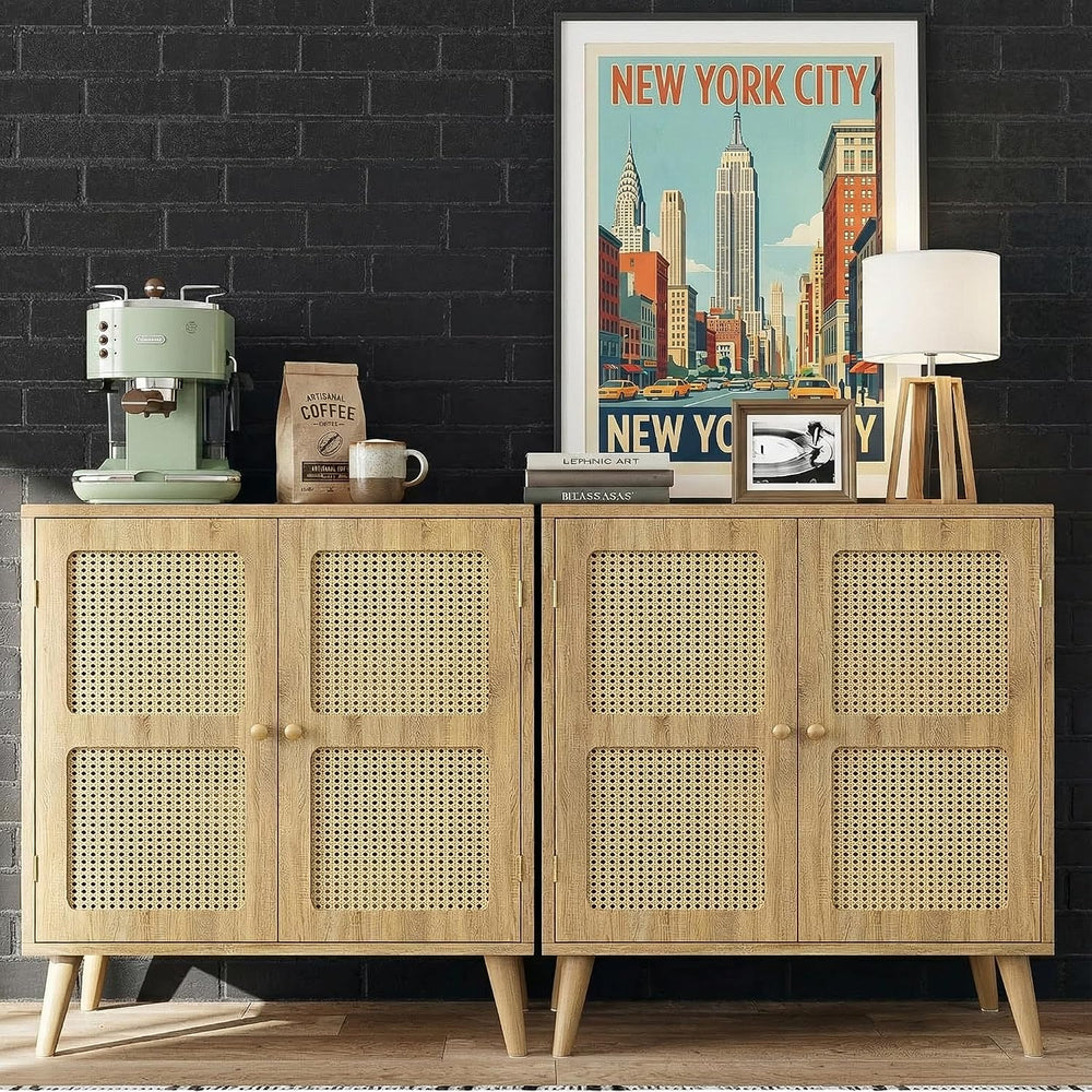 Rattan Sideboard Buffet Cabinet with Storage,Boho Credenza Accent Cabinet wit...