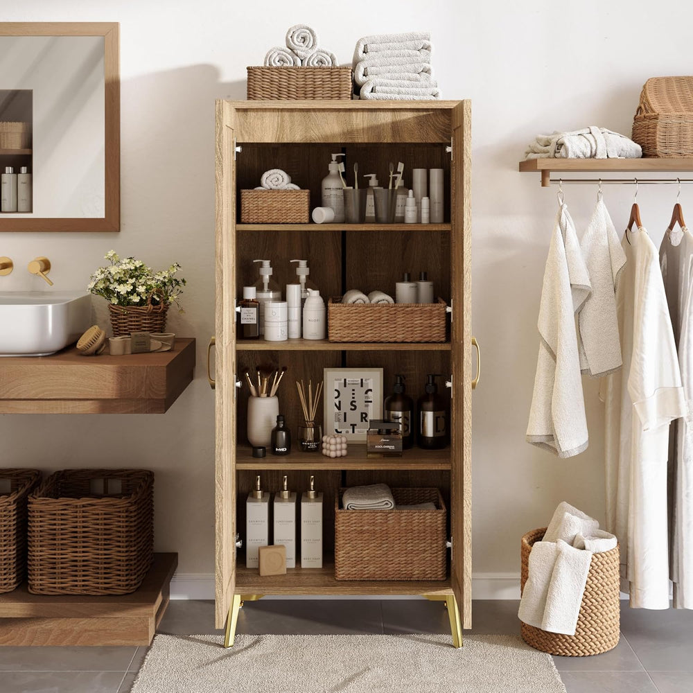 JASIWAY Tall Bathroom Storage Cabinet 57" Rattan Pantry Cabinet, Wood