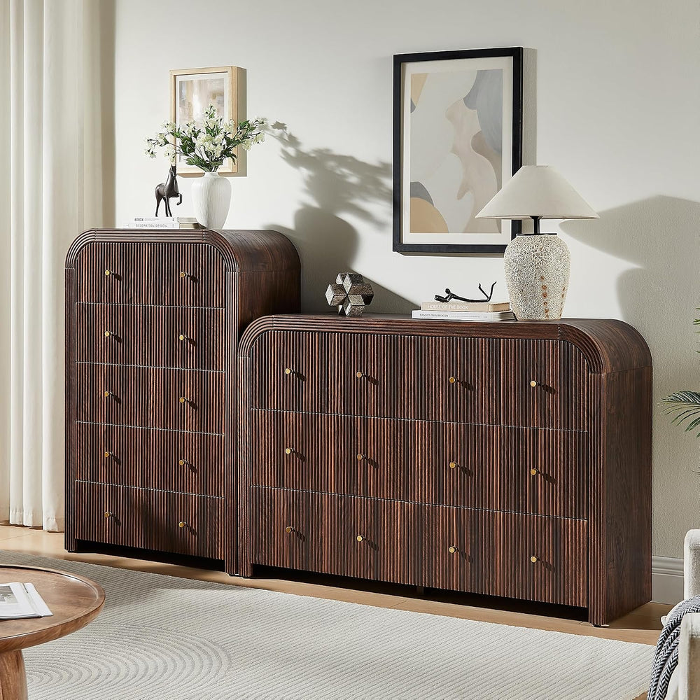 T4TREAM Fluted 48" Tall 5 Drawer Dresser for Bedroom, Dark Walnut