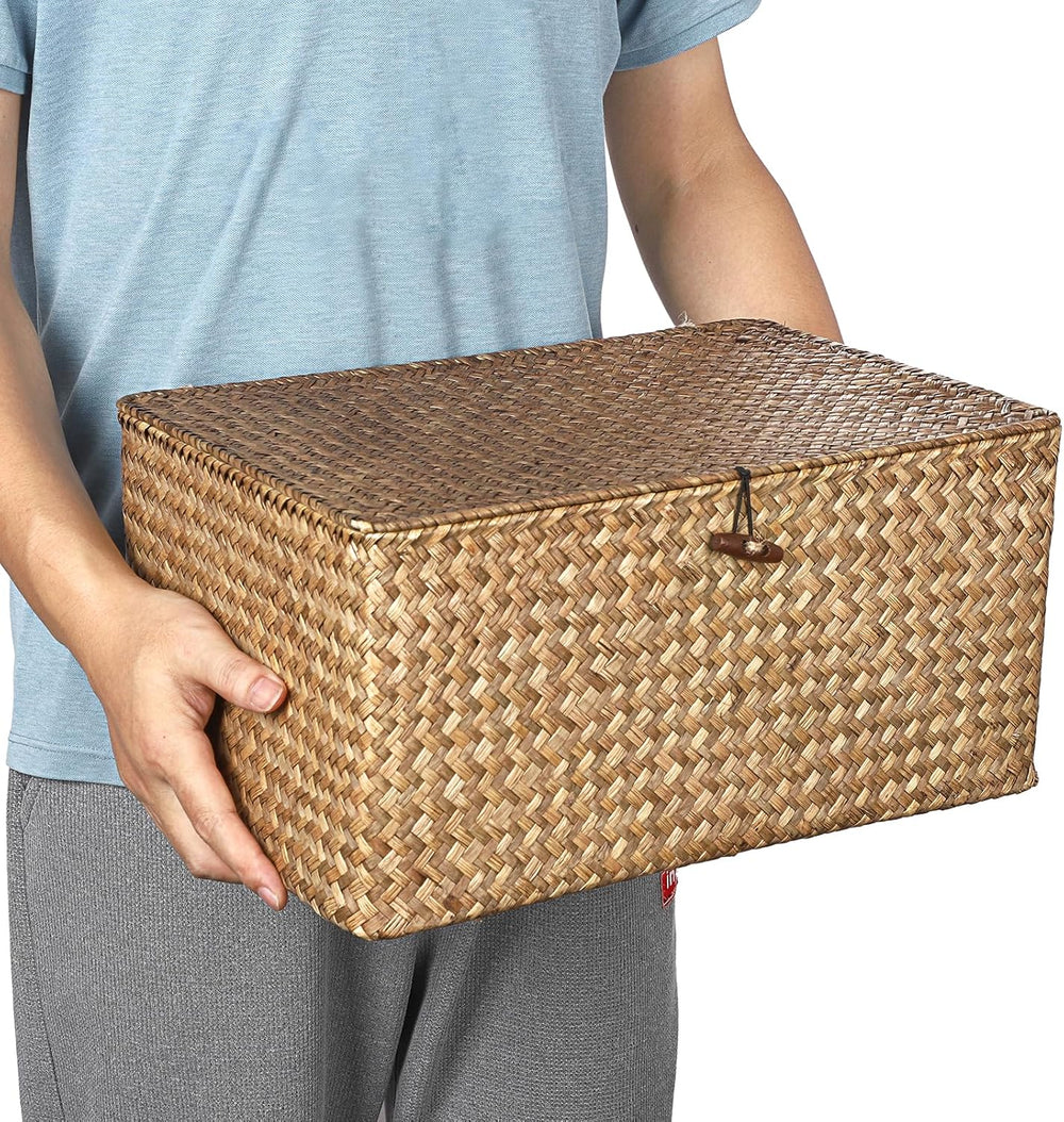 Hipiwe Wicker Shelf Baskets Bin with Lid Woven Storage Box, Coffee X-Large