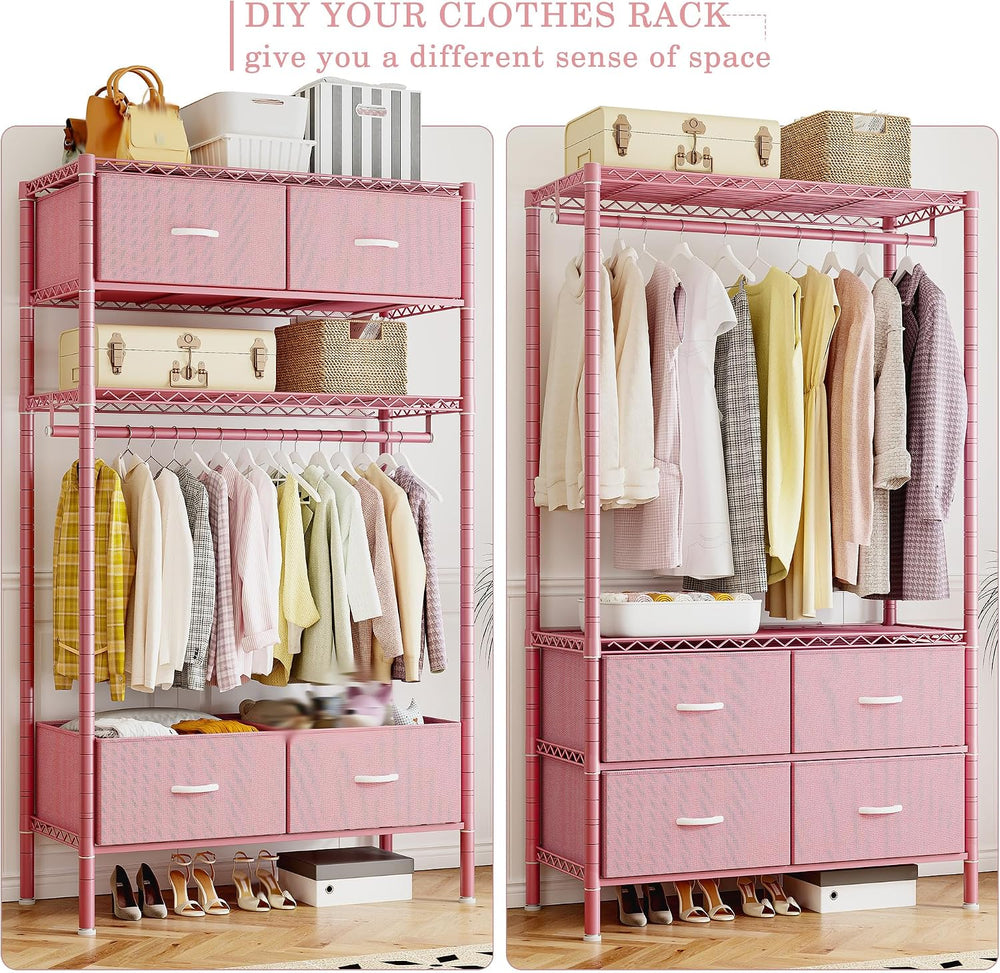 Raybee Clothes Rack, Portable Closet for Bedroom, Dorm, 4 Drawers, Pink