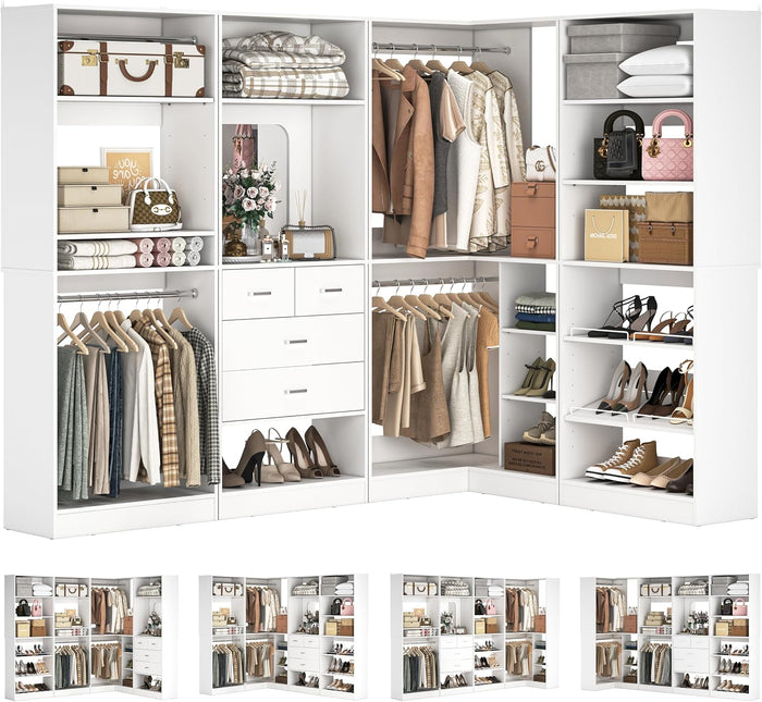 Unikito 110” Closet System with Drawers, 9.3FT Corner Closet Organizer with 4 Hanging Rods, Reversible Large Wood L Shaped Walk in Closets Wardrobe with Shoe Shelves, Max Load 3000LBS, Set of 4, White