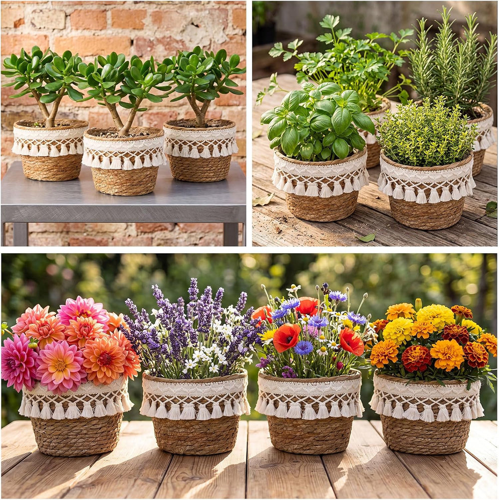 4 Pcs Straw Plant Baskets Indoor Rattan Woven Flower Baskets with Plastic Lin...