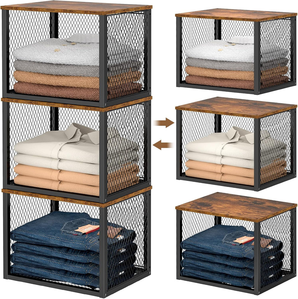 3 Pack Stackable Closet Organizers and Storage Basket, Closet Shelves with Wo...