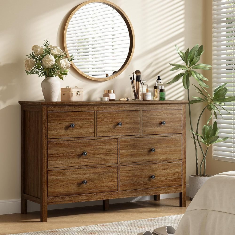CARPETNAL 47" Walnut Dresser for Bedroom with 7 Drawer & Metal Handles