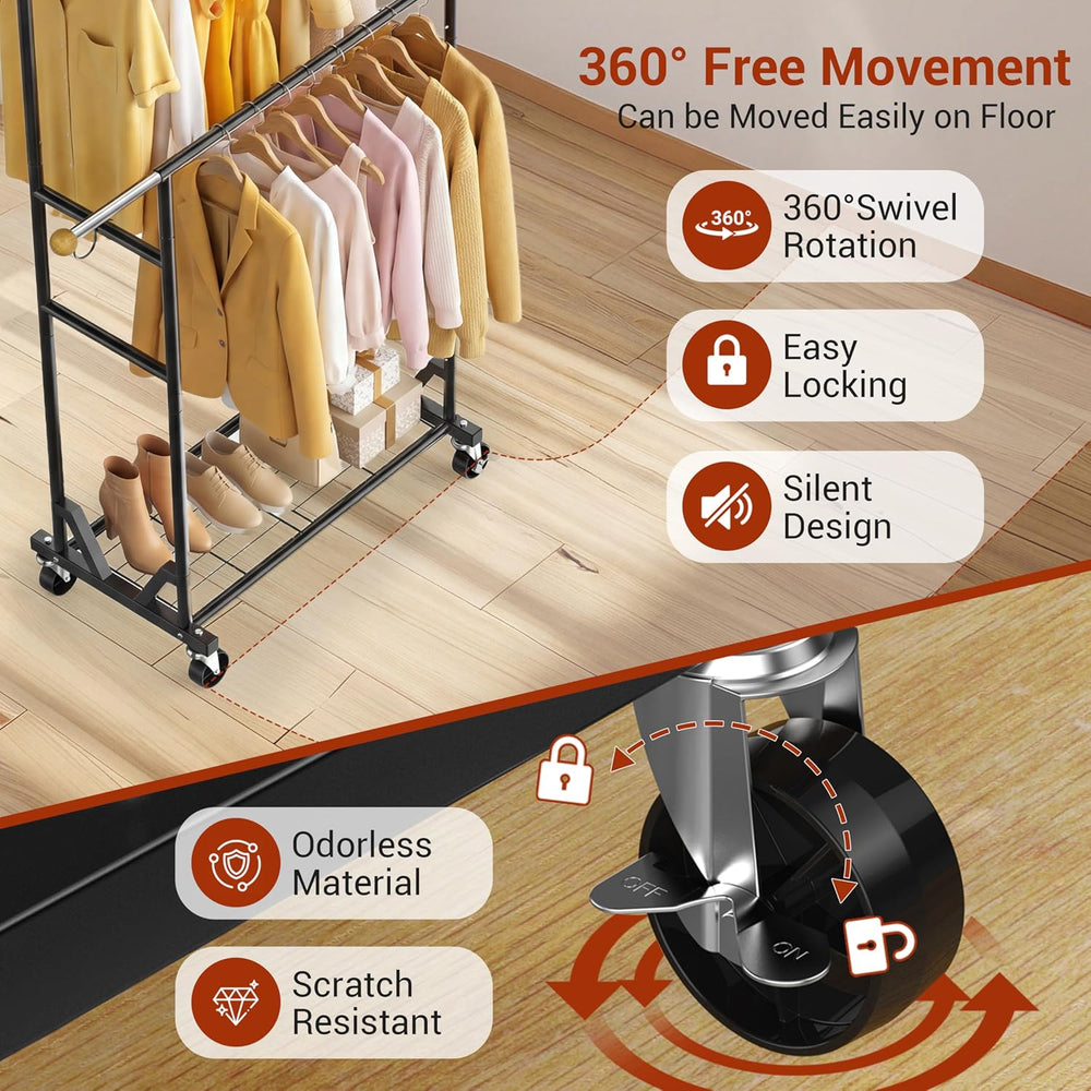 Rolling Garment Rack - Double Rod Clothes Rack with Lockable Casters, Mesh St...