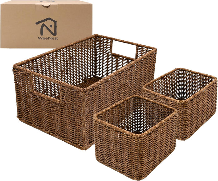 WeeNest Wicker Basket with Handle, Shelf Baskets for Organizing, Woven Organization Storage with Handles, Resin Wicker Set of 3, Toffee