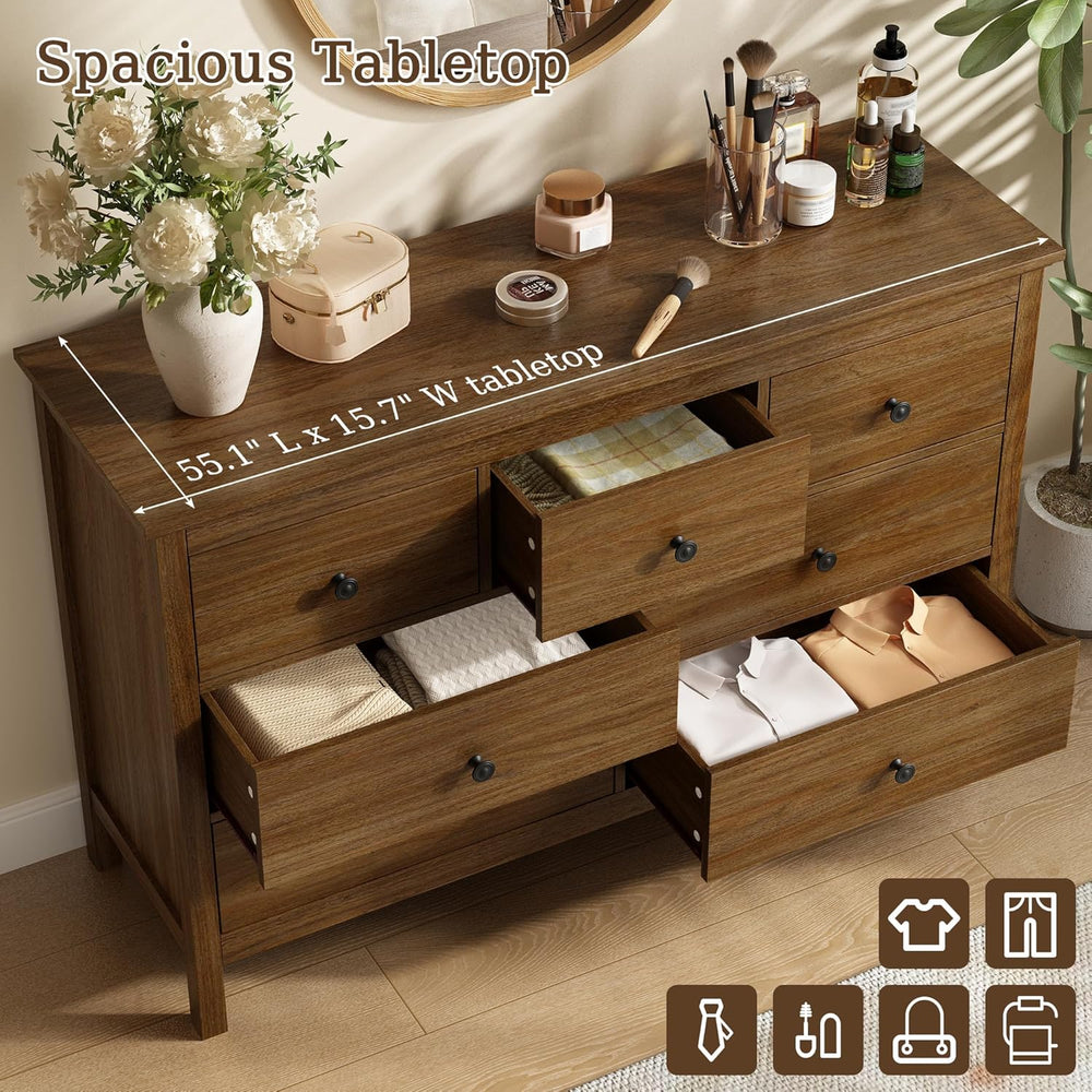 CARPETNAL 47" Walnut Dresser for Bedroom with 7 Drawer & Metal Handles