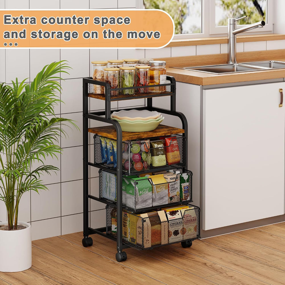 Yociyoga Fruit Vegetable Storage Cart, Kitchen Rolling Cart with Wheels, 4 Ti...