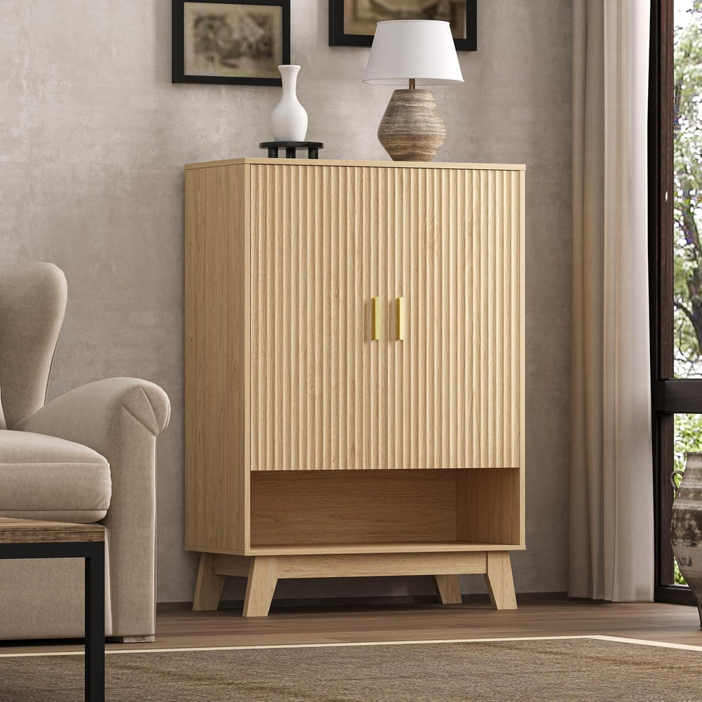 4-Tier Fluted Shoe Cabinet with 2 Doors & Open Shelf, Mid Century Modern ...