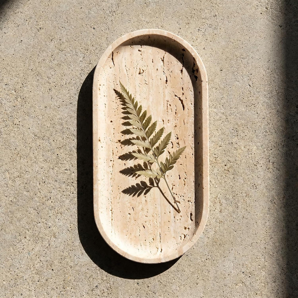 YKAJO Yellow Travertine Oval Marble Tray, 9.8x4.7 Vanity Perfume Organizer