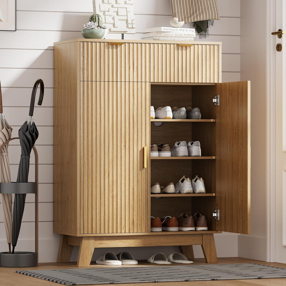 HUANLEGO 4 Tier Fluted Shoe Cabinet Storage for Entryway, Oak