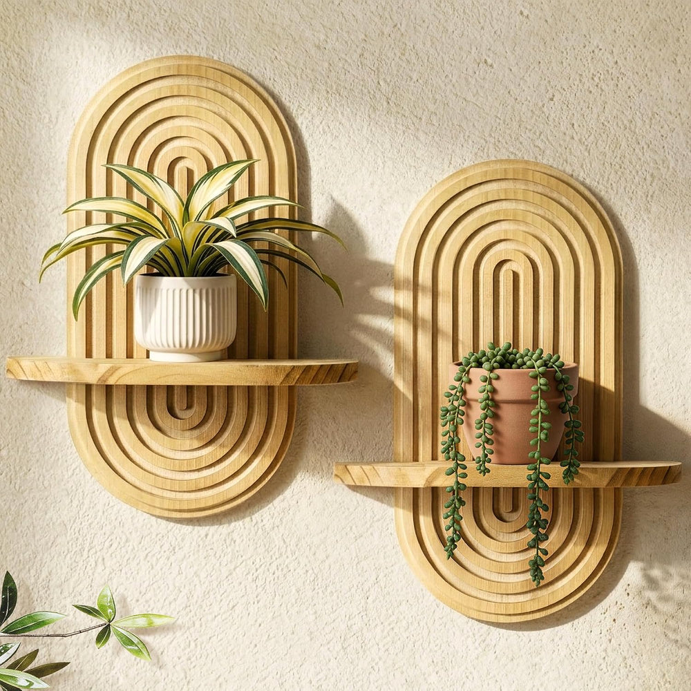 Heiple Set of 2 Boho Arched Floating Shelves 15.7”x 7.8” Plant Wooden Hanging...