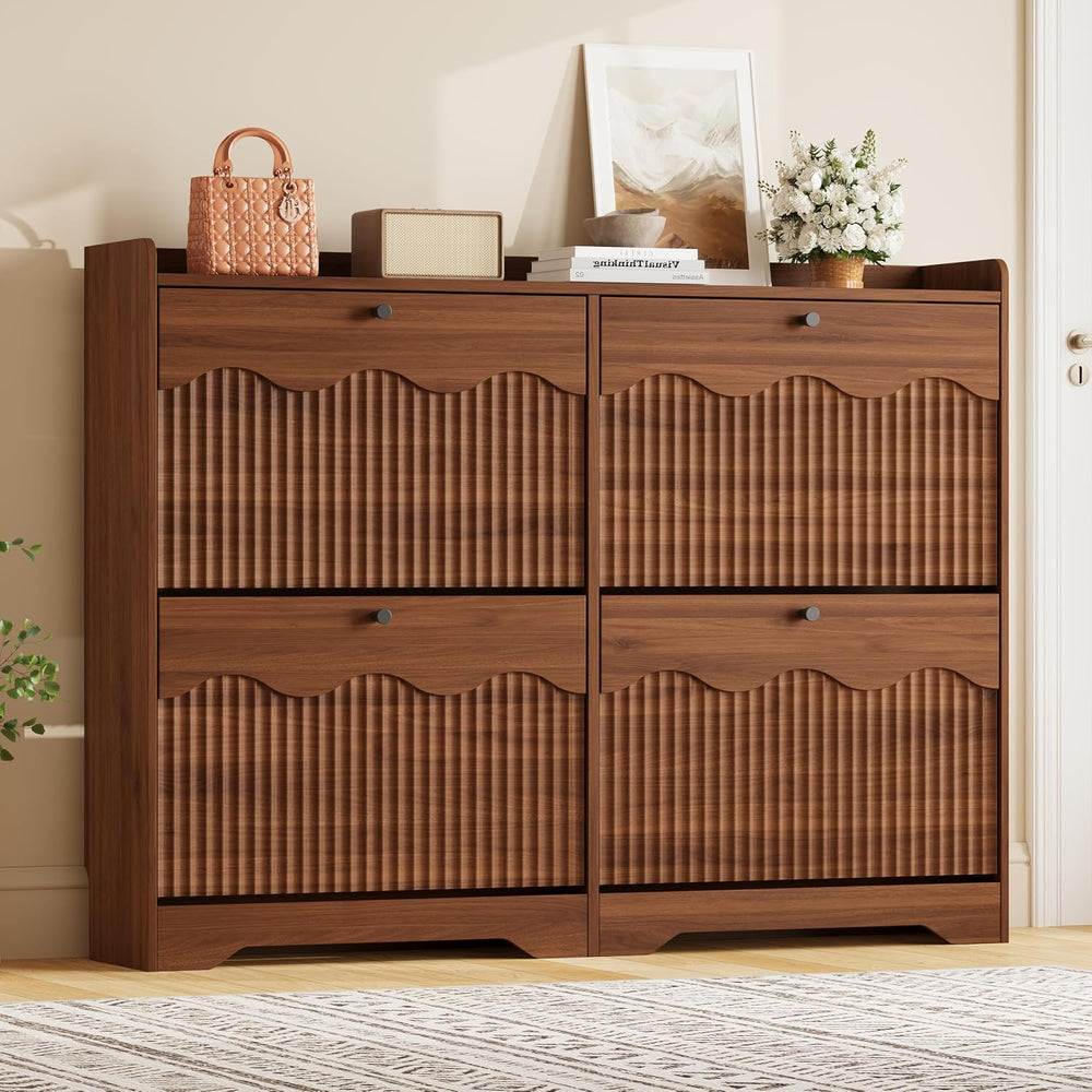 BORNOON Wide Shoe Storage Cabinet with 4 Flip Drawers and Modern Wave-Edge Fl...