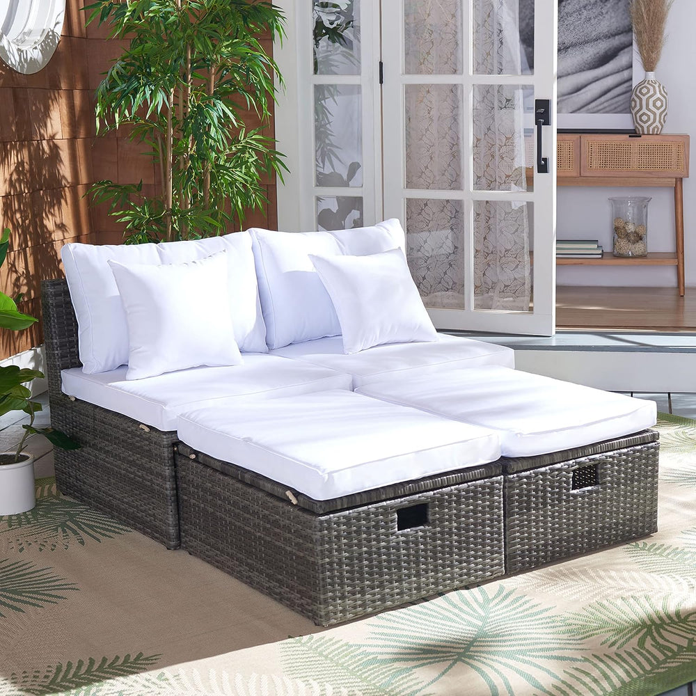 SAFAVIEH Outdoor - Pramla Settee and Ottoman Set - Grey Brown & White - S...