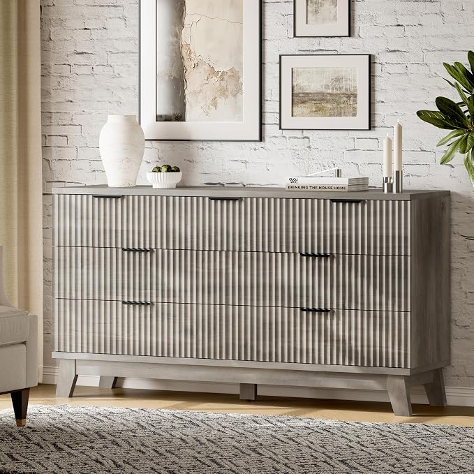 Fluted Dresser with 7 Drawers, Wooden Dresser TV Stand, Wood Closet Clothes