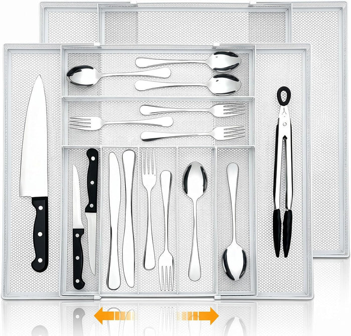 2 Pcs Utensil Drawer Silverware Organizer, Metal Mesh Expandable 13" 24" Kitchen Drawer Organizer, 7-9 Slots Cutlery Tray Dividers for Kitchen Flatware Christmas Housewarming Gift (White)