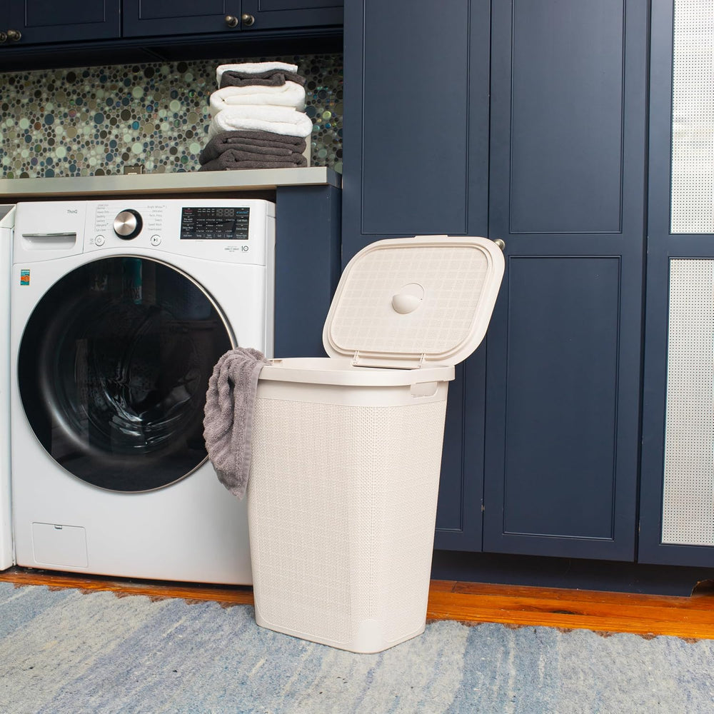 Mind Reader 60L Slim Laundry Hamper, Clothes Basket, Lid, Linen Design, Plast...