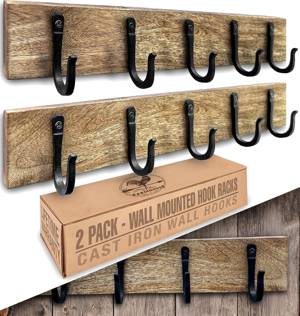 Cast Iron Spike Hooks (10 Hooks) Mounted on Two Natural Hardwood Boards (2 Pa...