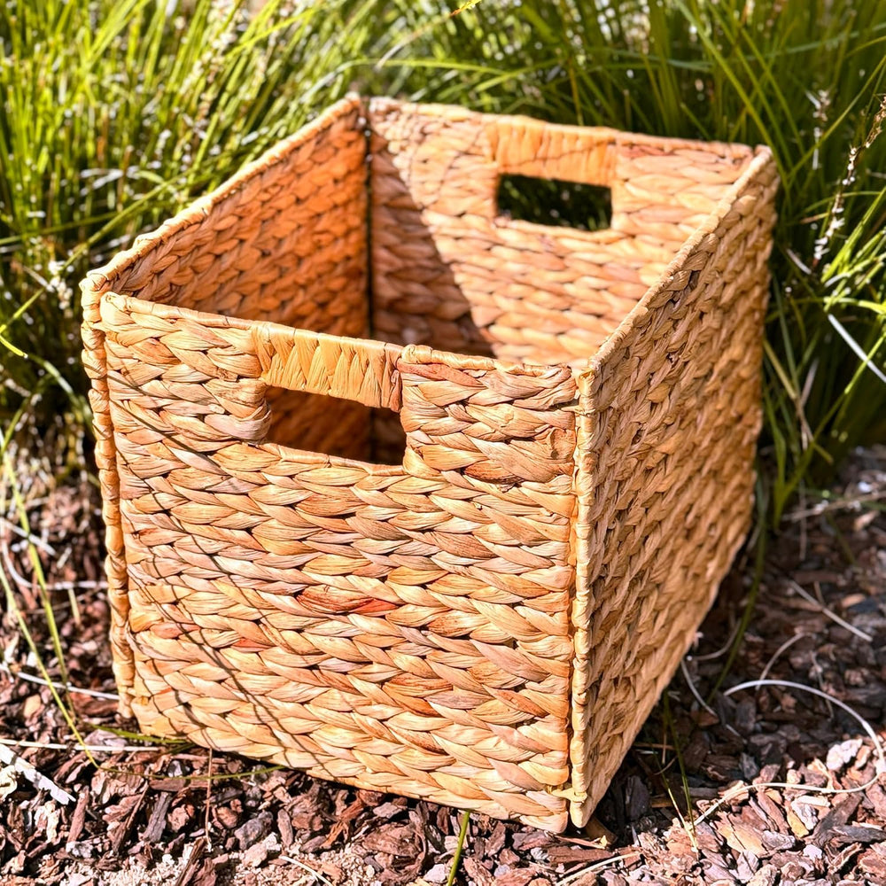 4 Hand-Woven Wicker Storage Baskets 13x11x11in, Water Hyacinth Shelf Bins
