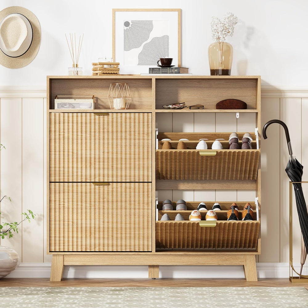 HUANLEGO Shoe Cabinet Storage for Entryway with 4 Flip Drawers, Fluted Narrow...