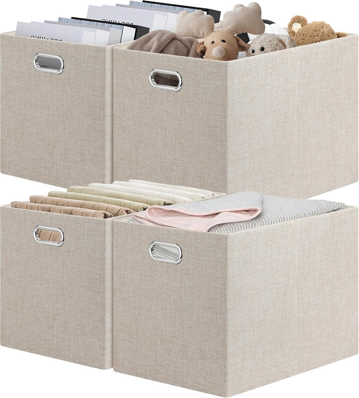 Posprica 15.12"x12.13"x12.01" Storage Cube Bins, Linen Decorative Closet Storage Organizer for IKEA Kallax, 4 Pack Fabric Foldable Large Storage Baskets for Closet, Shelves, Clothes(Beige)