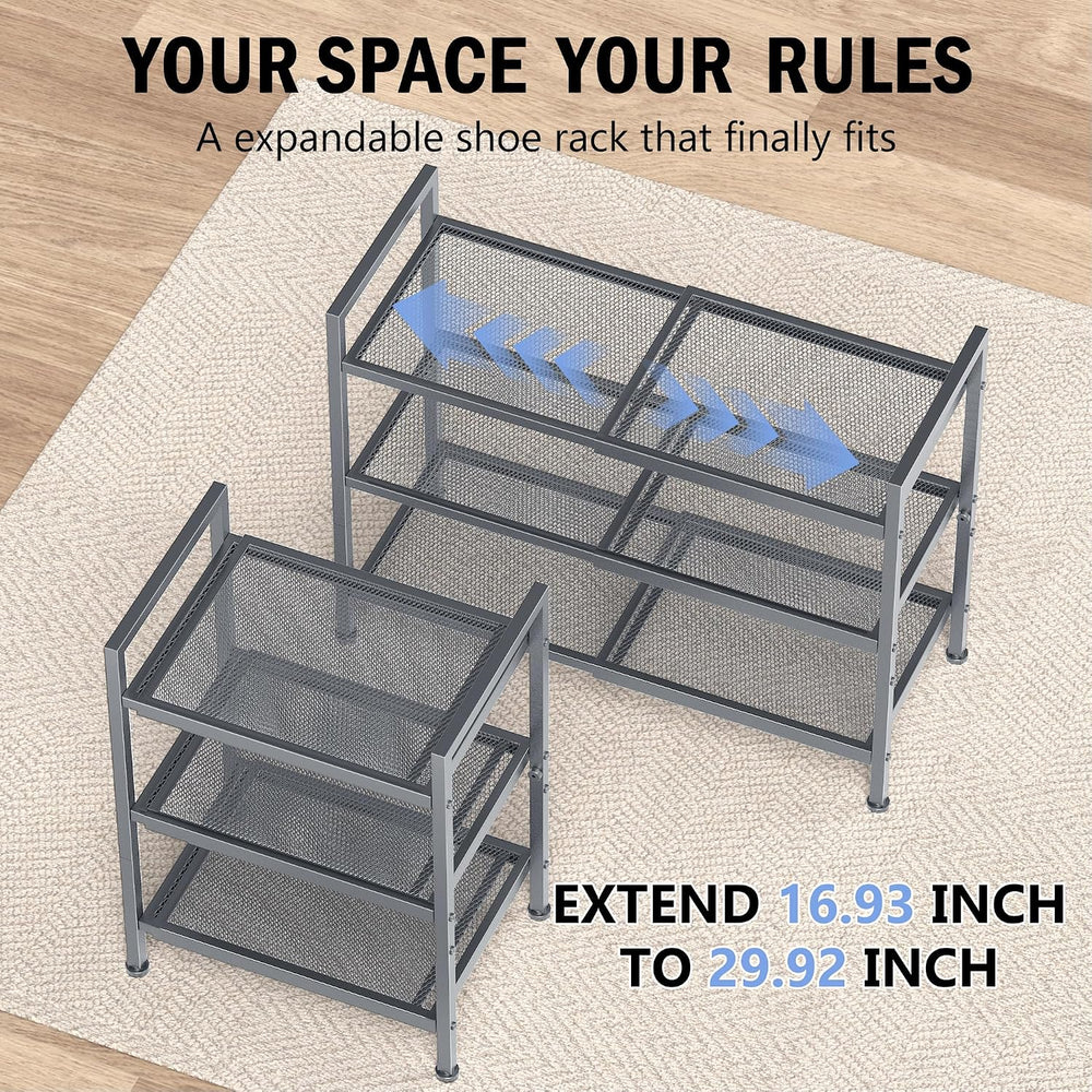 Expandable Shoe Rack for Closet, Entryway, Shoe Storage, 3-Tier, Grey
