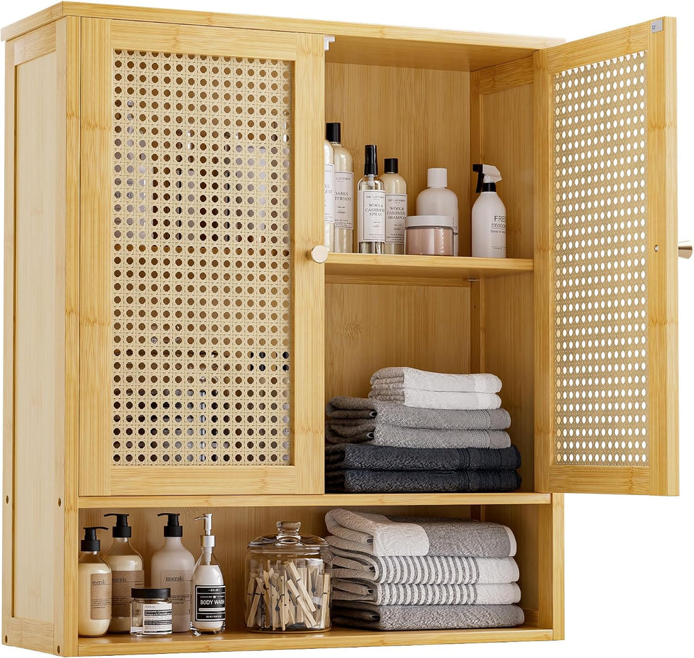 Bathroom Wall Cabinet, Bamboo Over-The-Toilet Storage Organizer with 2 Rattan...