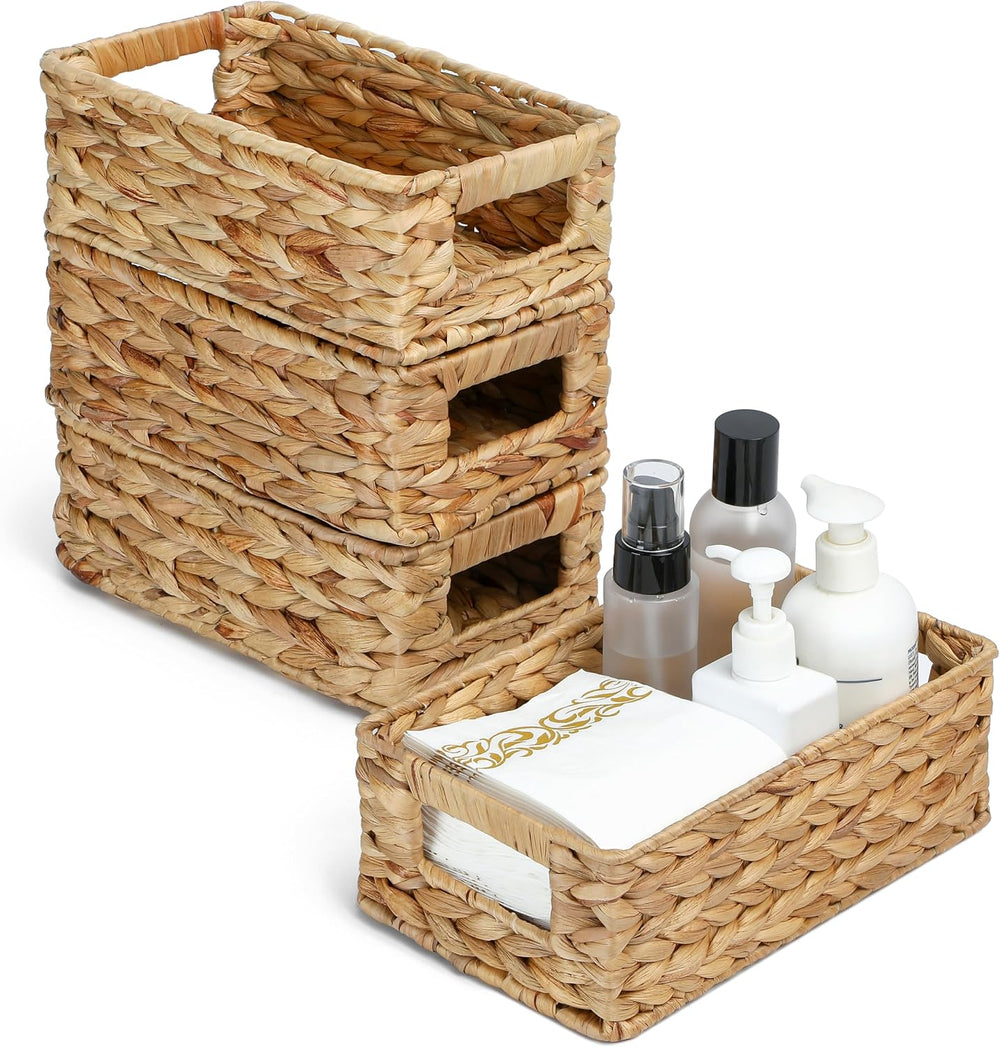4 Small 3.6 QT Water Hyacinth Wicker Baskets for Shelves, 10" Long Woven...