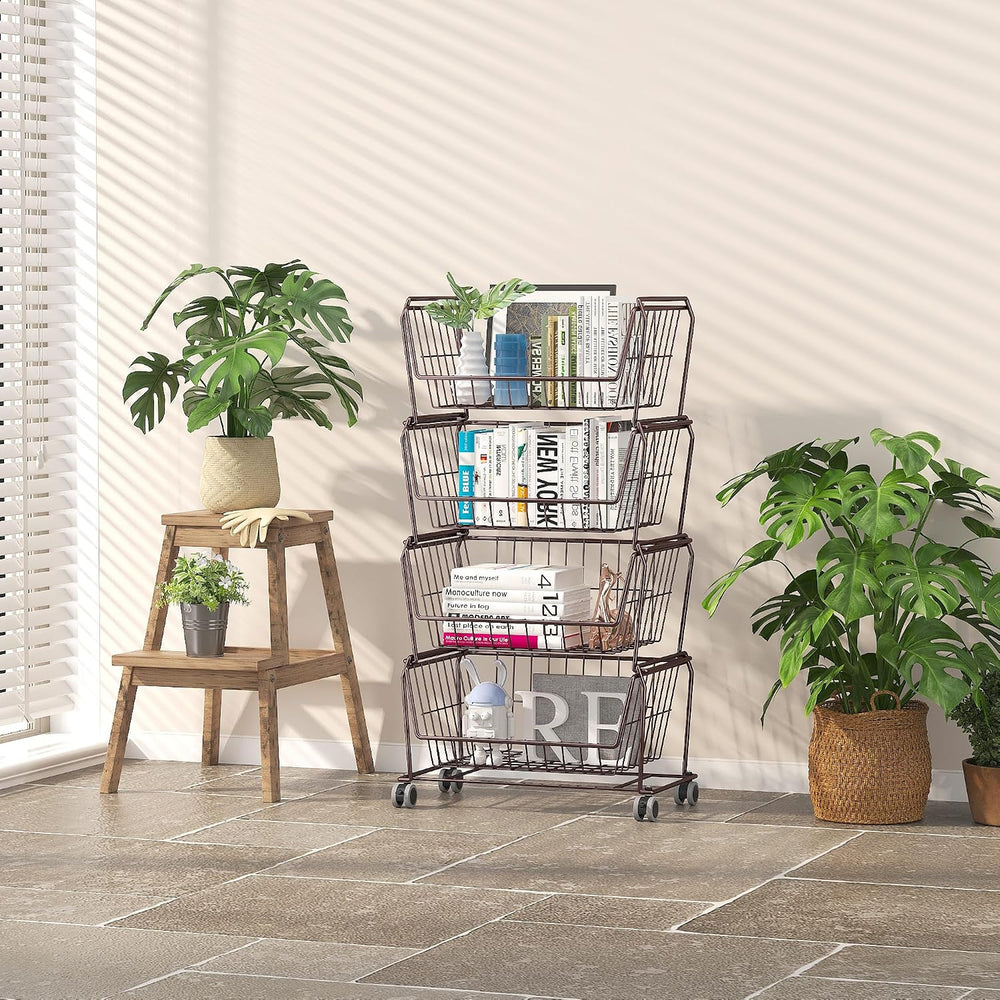 PUSDON 4-Tier Spacious Stackable Wire Storage Baskets with Wheels, Metal Roll...