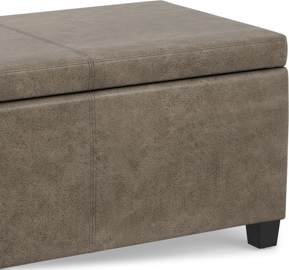 SIMPLIHOME Avalon 48" Wide Vegan Leather Storage Ottoman in Grey Brown