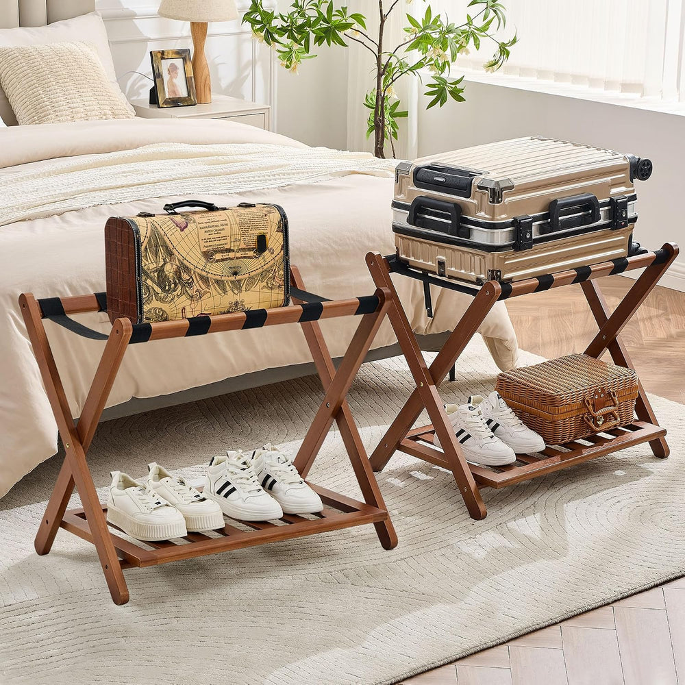Fully Assembled Walnut Luggage Racks Set of 2, Bamboo Luggage Stand