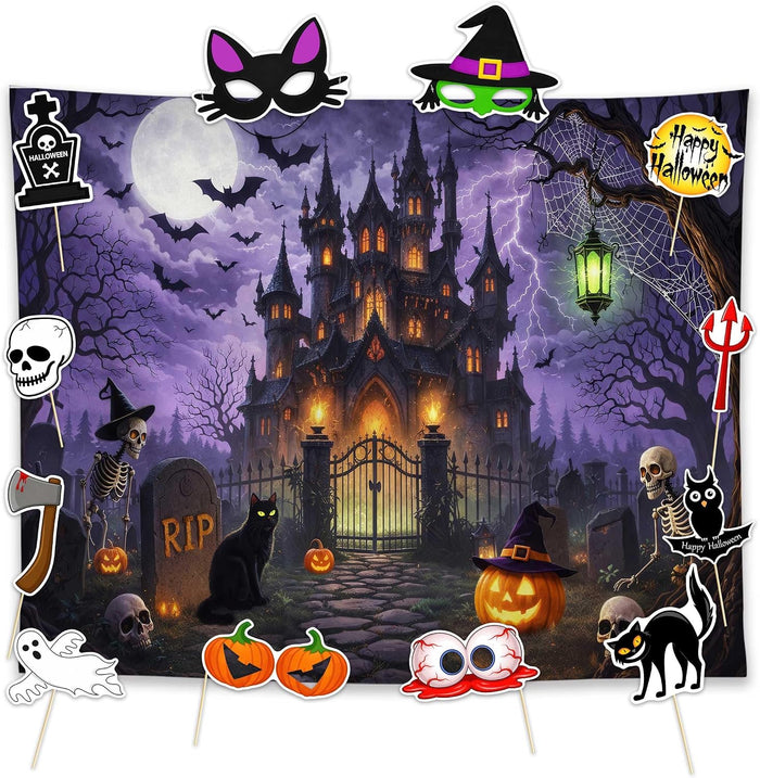 Allenjoy 118" x 95" Halloween Castle Photography Backdrop with Photo Booth Props, Party Decorations, Supplies and Favors