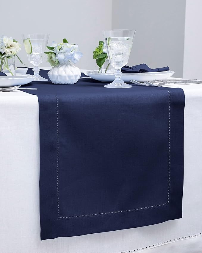 Solino Home Linen Navy Blue Table Runner 72 Inches Long - 100% Pure Linen Hem...