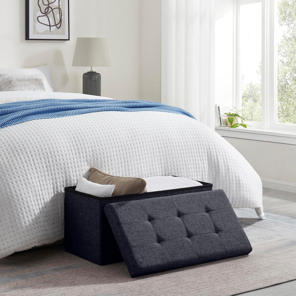 Ornavo Home 30 Inch Folding Storage Ottoman Bench, Tufted Linen, Black