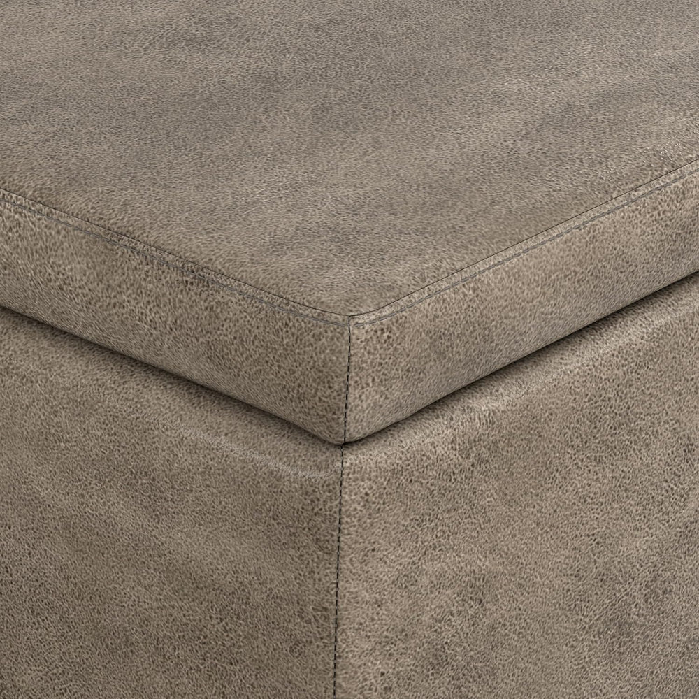 SIMPLIHOME Avalon 48" Wide Vegan Leather Storage Ottoman in Grey Brown