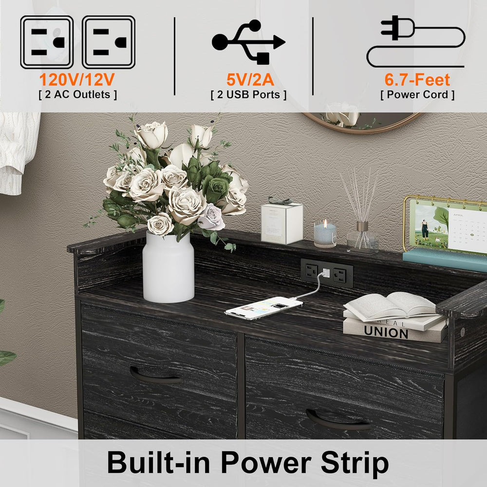 Fabric Dresser for Bedroom with LED Light and Charing Station Tall Dressers w...
