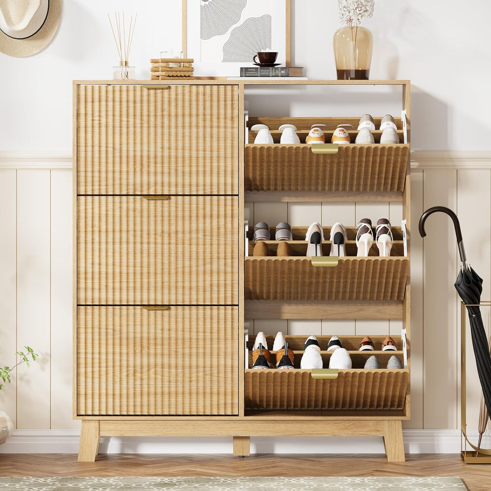 HUANLEGO Shoe Cabinet Storage for Entryway with 6 Flip Drawers, Oak