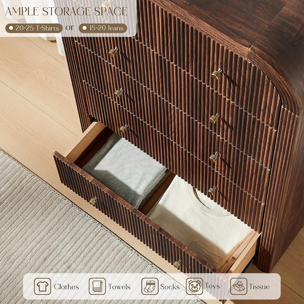 T4TREAM Fluted 48" Tall 5 Drawer Dresser for Bedroom, Dark Walnut