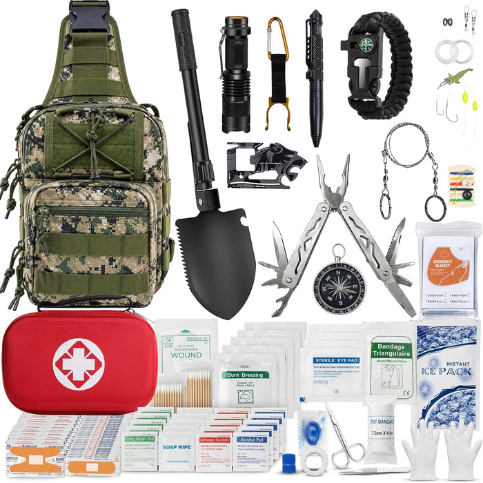 Survival Kit Emergency Supplies 298 Pcs - First Aid, Tactical Shovel, Compass, Flashlight, Paracord Bracelet, Wire Saw & More