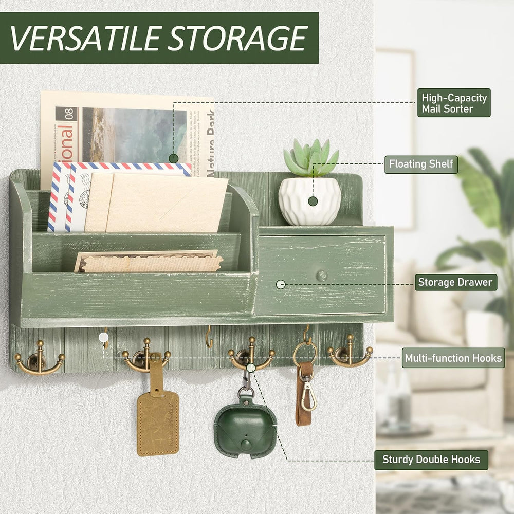 Rebee Vision Key Holder Wall Mount with Mail Sorter for Room Decor, Green