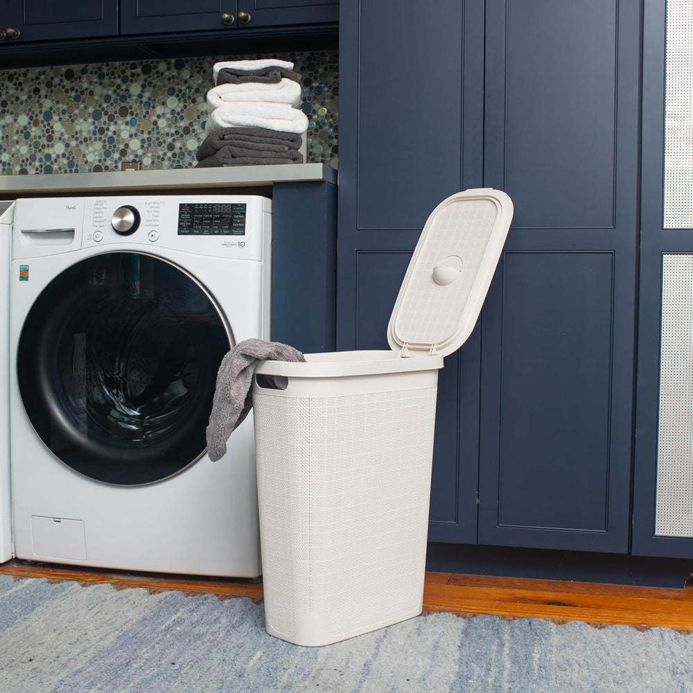 Mind Reader Slim Laundry Hamper with Lid, 40L Clothes Basket, Linen Design, P...