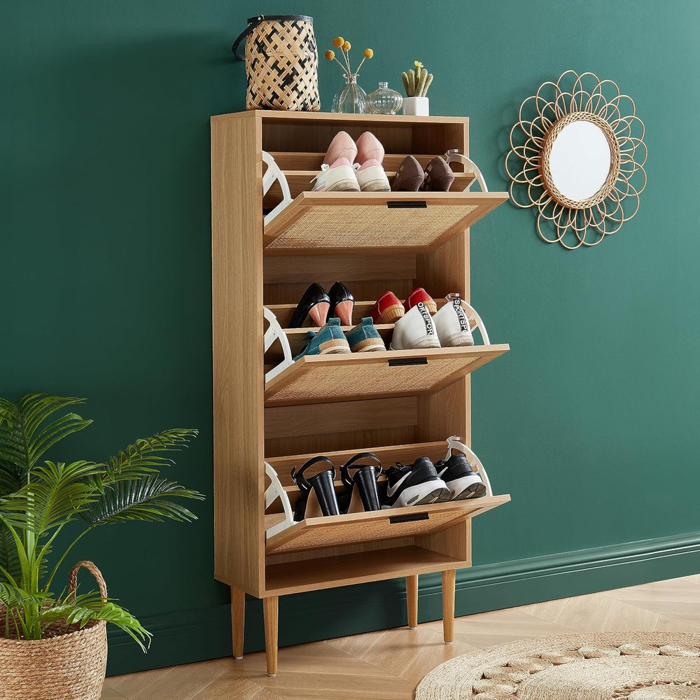 BAÏTA - Amana Shoe Cabinet Oak Effect and Rattan Cane 60 cm