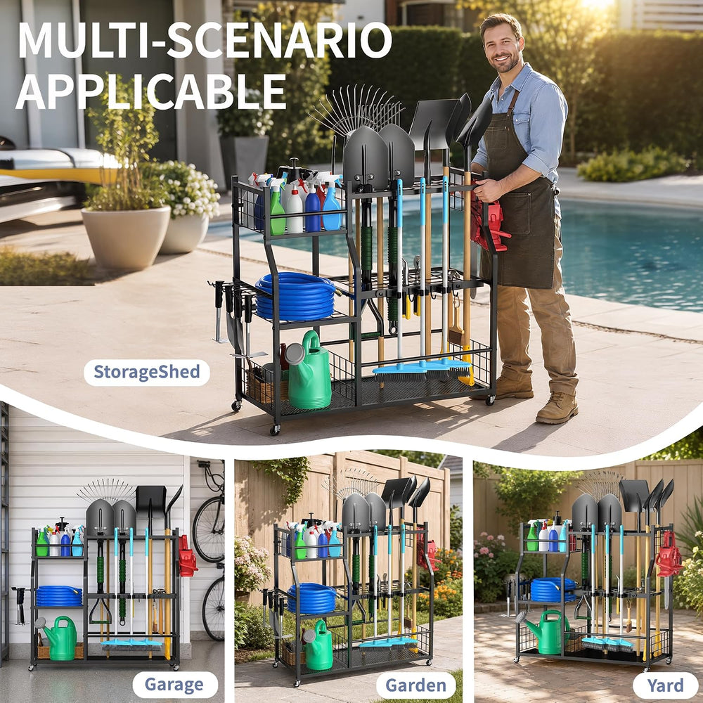 Garden Tool Organizer with Wheels, Rolling Storage Rack for Garage