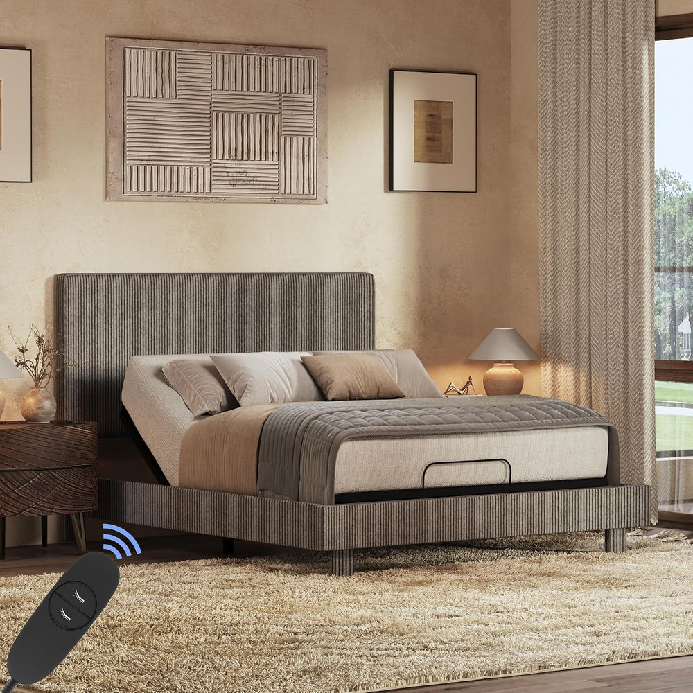 FLEXISPOT Queen Adjustable Bed with Velvet Upholstered Frame, Dark Grey