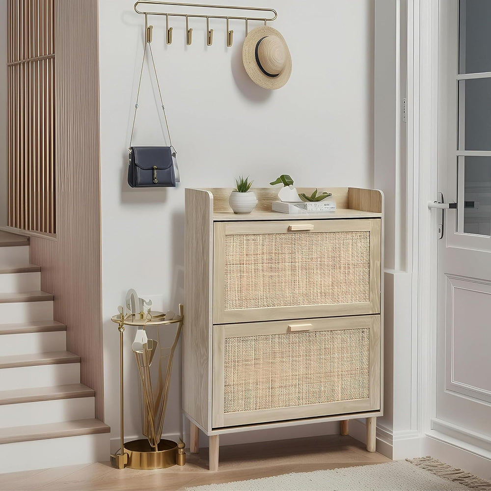 Finnhomy Extended Edition Shoe Cabinet with Natural Rattan Flip Drawers for E...
