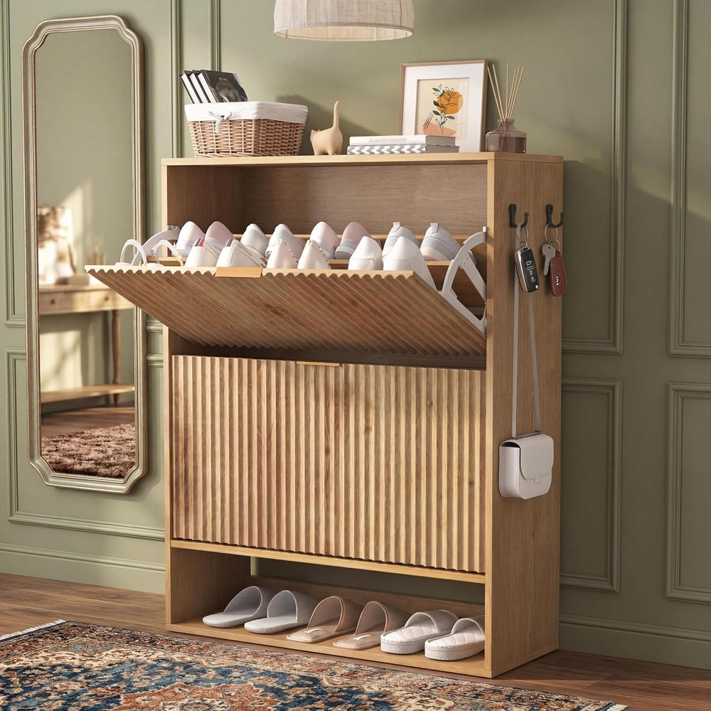 Takywep Fluted Shoe Cabinet for Entryway, Slim Freestanding Shoe Storage with...