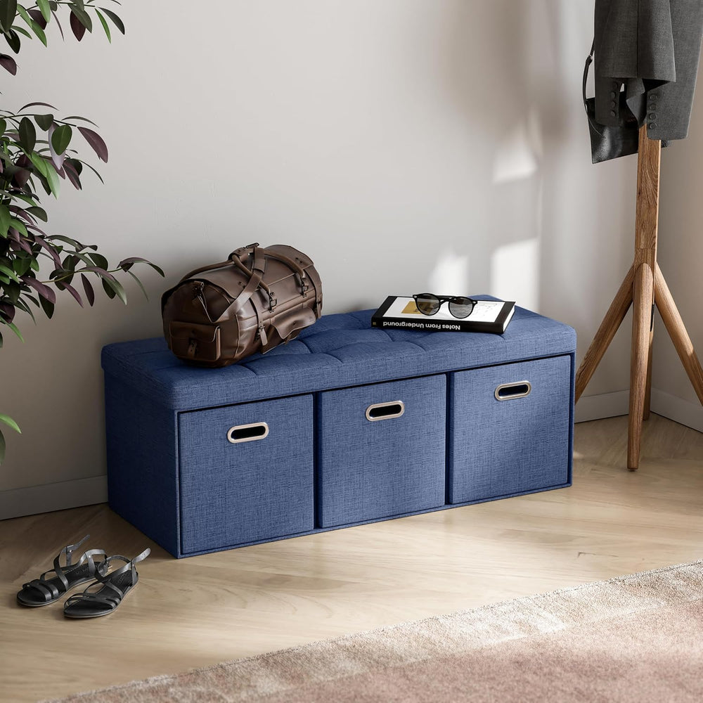 Ornavo Home 40 Inch Storage Ottoman with 3 Drawers, Tufted Linen, Navy Blue